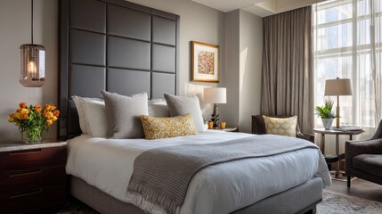 A stylish luxury bedroom featuring a beautifully made king-sized bed with soft linens, a designer headboard, and luxurious touches throughout the room