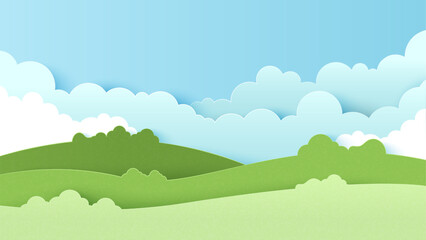 Landscape scenery with mountain and white cloud in summer blue sky background. Green landscape with blue sky