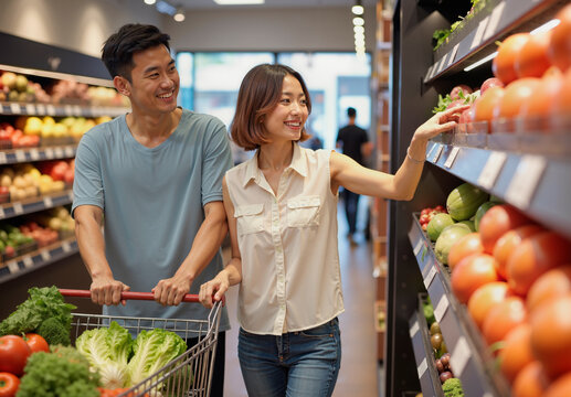 Waist up portrait of a smiling young Asian couple with a shopping cart choosing fruit and vegetables in a supermarket.