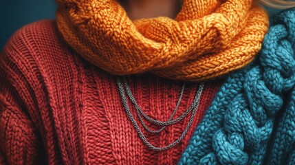 A close up of a woman wearing a scarf and a necklace sale discount concept