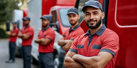Fototapeta premium Smiling South Asian male delivery driver with team, ready for work in front of trucks.