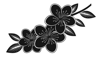 Stylized black and white cherry blossom branch with five flowers and leaves