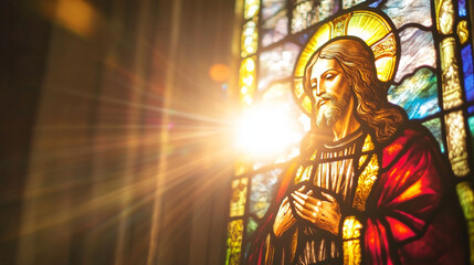 A medium close-up of a stained-glass window in a Gothic cathedral showing Christ embracing the world, golden sunlight beaming through