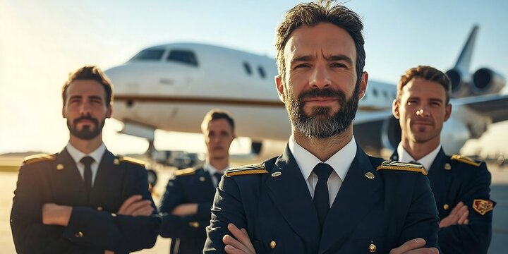 Four confident male pilots in uniforms pose proudly with a private jet in the background, showcasing their professionalism.