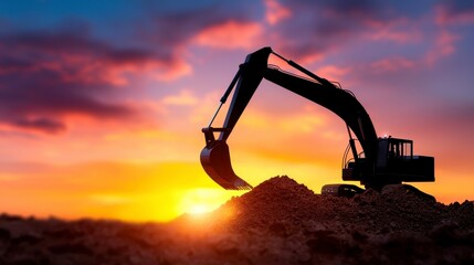 Yellow excavator at construction site during sunset performing digging work with scenic sky background symbolizing heavy machinery and industry. A powerful machine shapes earth against