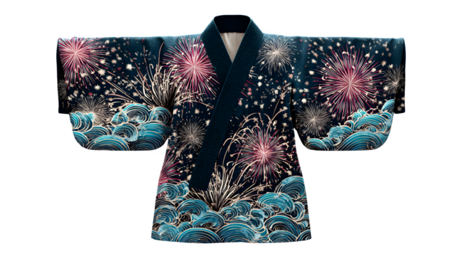 Kimono with fireworks and wave pattern, isolated on transparent background