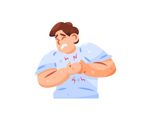 Illustration of a man with chest pain. Feeling chest pain. Symptoms of a heart attack, GERD, muscle or lung problems. Health problems. Gestures and expressions. Flat style character design