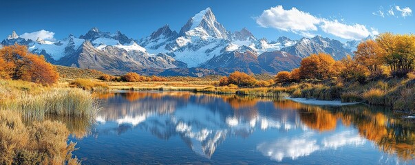 Obraz premium Serene autumn lake reflecting snow-capped mountains under a vibrant sky