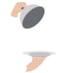 hand holding a dish cover. A stainless steel cloche with a paper postcard.  Open Metal food cloche, 