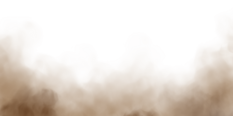 Brown dust sand soil smoke cloud particles isolated on a transparent white background. Sandstorm effect, smog, dust explosion rising, Smoke fog overlay effect. Blurred soil dust design element.
