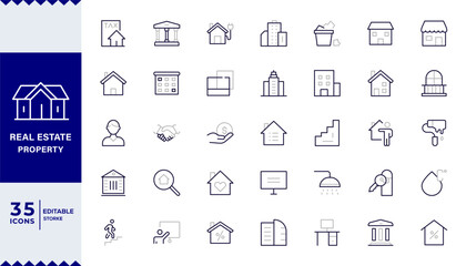 Real Estate Duotone outline icons with editable stroke collection. Includes House, Villa, Mortgage, Realtor, Amenities,
