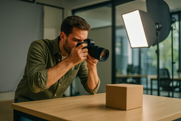 Photographer capturing product images in studio with professional camera