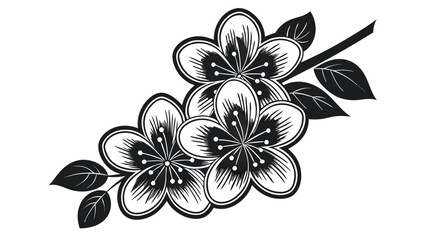 Stylized black and white cherry blossoms on a branch with leaves