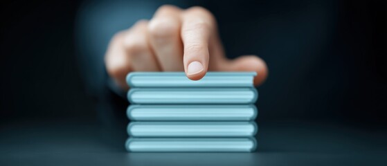 Focusing on precision hand adjusting stacked objects studio setting photography minimalist environment close-up viewpoint concept of control