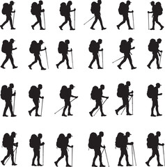 Obraz premium Backpackers hiking trekking walking men women with sticks silhouettes 