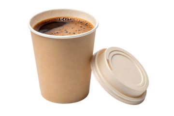 Brown kraft paper takeaway coffee cup with matching brown plastic lid and drinking opening, isolated on a transparent background