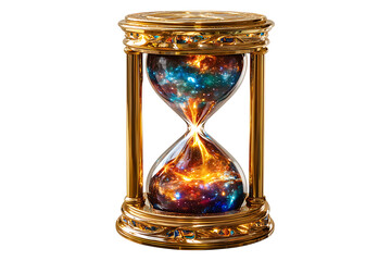 Ornate golden hourglass containing a vibrant and colorful galaxy