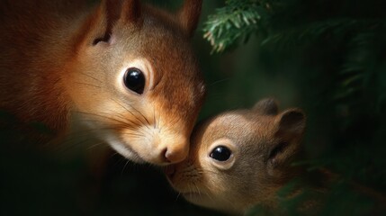 A captivating image of two adorable squirrels sharing a warm moment. Their curious eyes reflect the beauty of nature. Ideal for wildlife lovers and animal enthusiasts. AI