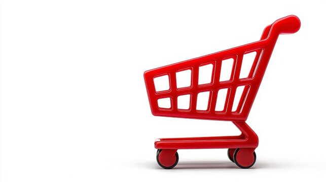 Red shopping cart on a white isolated background. white background. Vibrant grocery conveyance against pure backdrop ideal for e commerce website design element digital marketing