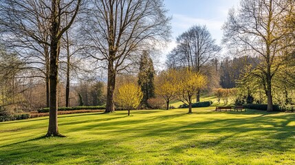 Obraz premium Sun-dappled park scene with vibrant green grass, leafless trees, and benches under a clear blue sky