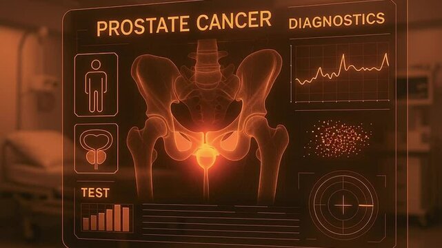 Prostate cancer diagnostics hologram displaying pelvic bone and prostate gland with test results and medical data in futuristic medical interface for cancer detection and treatment care