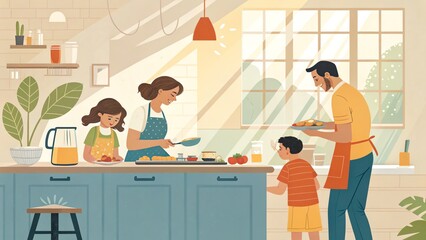 Family cooking breakfast together in kitchen