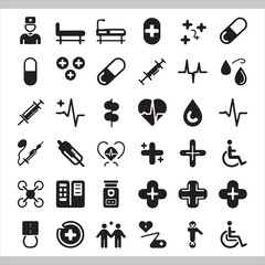 Medical Icons Collection Healthcare and Hospital Related Symbols like Doctor Pill Syringe Heartbeat and Wheelchair Simple Vector Graphics