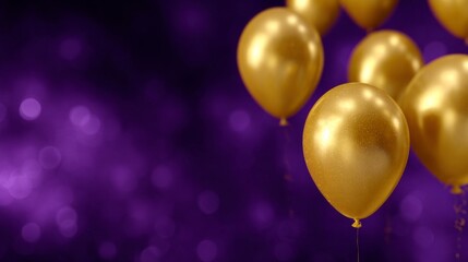 Shiny golden balloons float against a vibrant purple background. Perfect for celebrations and parties. Bright colors create a joyful atmosphere. Ideal for invitations or event decor. AI