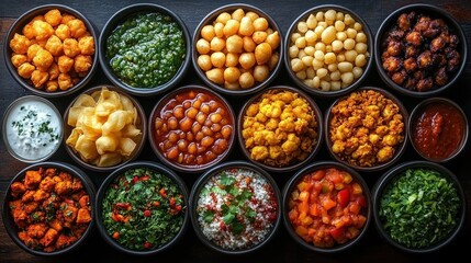 Fototapeta premium Table with many bowls of food indian street food food background