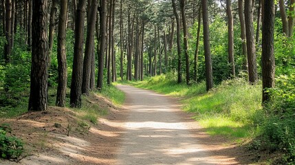 Obraz premium Sunlit path winds through a lush pine forest, dappled sunlight illuminating the sandy trail. Tall trees create a natural tunnel effect, offering shade and tranquility