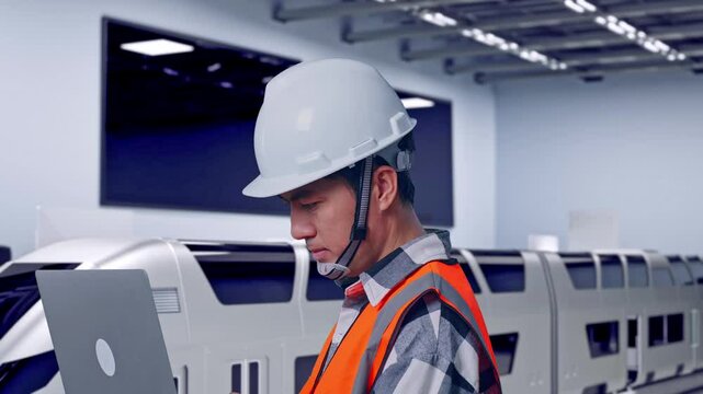 Close Up Side View Of Asian Male Engineer With Safety Helmet Working On A Laptop While Standing, Futuristic High-Speed Train in a Modern Testing Facility