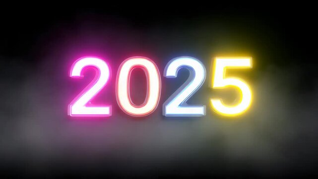 Neon 2025: A vibrant display of the year 2025 shines brightly, a futuristic design perfect for digital projects. The radiant numbers stand out against a smokey backdrop.