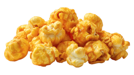 Crispy caramel popcorn, golden sweet glaze detail, isolated on transparent 