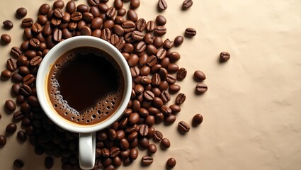 A top view of a cup of coffee surrounded by roasted coffee beans on a light brown surface