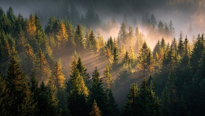 Obraz premium Morning sun shines through misty forest. Nature background for desktop wallpaper