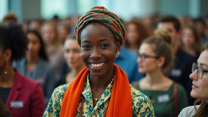 Portrait of a smiling woman with a headwrap in a crowd of people at an event or conference hall