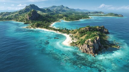 A tropical island paradise with clear blue waters, white sandy beaches, and lush green hills.