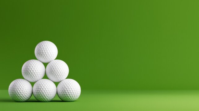 Pyramid stack of white golf balls isolated on a plain background sports and leisure themed. A pristine arrangement of spherical golf equipment neatly piled in a triangular formation