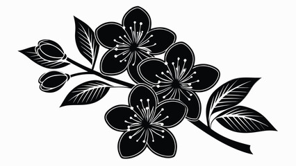 Fototapeta premium Black and white illustration of cherry blossoms on a branch with leaves and buds