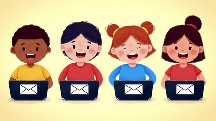 Four Diverse Children Interact With Email on Laptops in Cartoon Style on Yellow Backdrop - Powered by Adobe