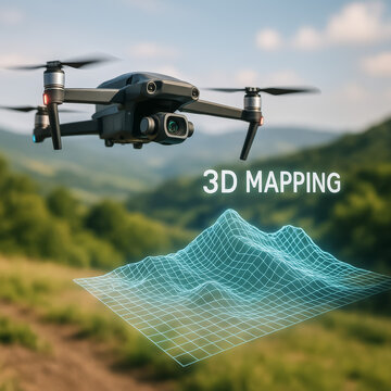 Drone flying over landscape demonstrating 3d mapping technology