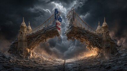 Fototapeta premium Surreal Bridge Destruction with American Flag in Dark Atmosphere