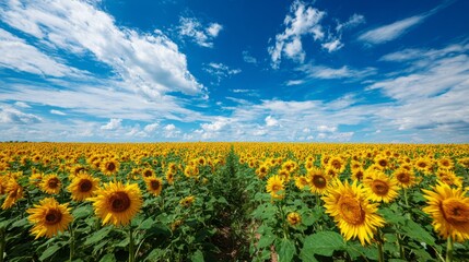 Obraz premium A vibrant field of sunflowers stretching towards the horizon under a bright blue sky.