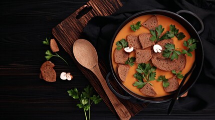 Creamy Pumpkin Soup with Croutons and Parsley