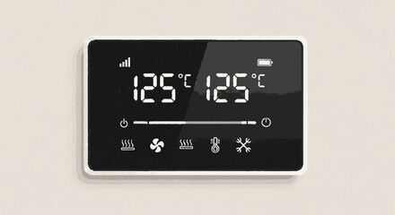 A digital thermostat display showing a temperature of 125 degrees Celsius, with various settings icons.