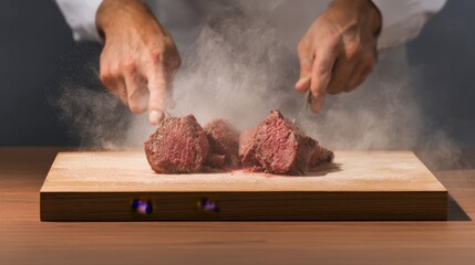 Expert Hands Slicing Juicy Steak on Wooden Board