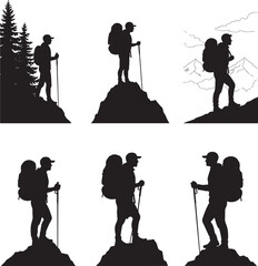 Obraz premium Hiker silhouettes with backpacks and trekking poles in various mountain and forest settings