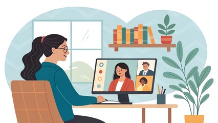 Woman video conferencing with colleagues remotely
