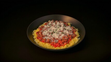 Spaghetti with Meat Sauce and Parmesan on Black Plate
