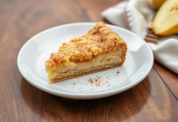 A golden-brown pear crumb cake slice, dusted with cinnamon, rests on a white plate,  golden,   delicious